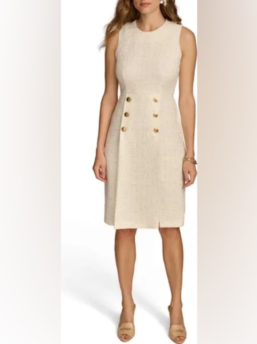 Donna Karan Sz 6 Tweed Cream Off White Gold Button Career Cocktail Dress